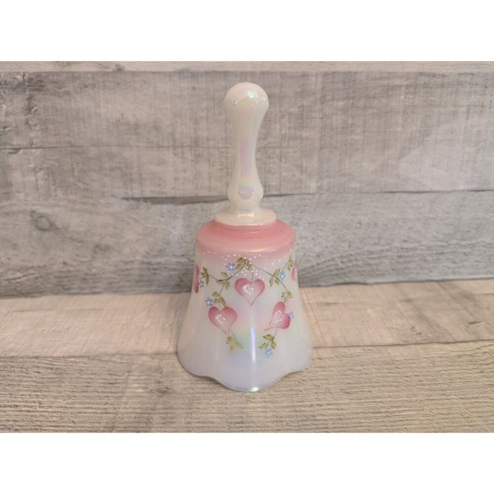 Vintage Fenton Handpainted Heart Design Bell With Iridescent Finish 1992